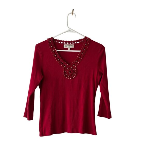 Vintage Jones New York Sport Red Embellished Neck 3/4 Sleeve Ribbed Top Size M - Picture 1 of 8